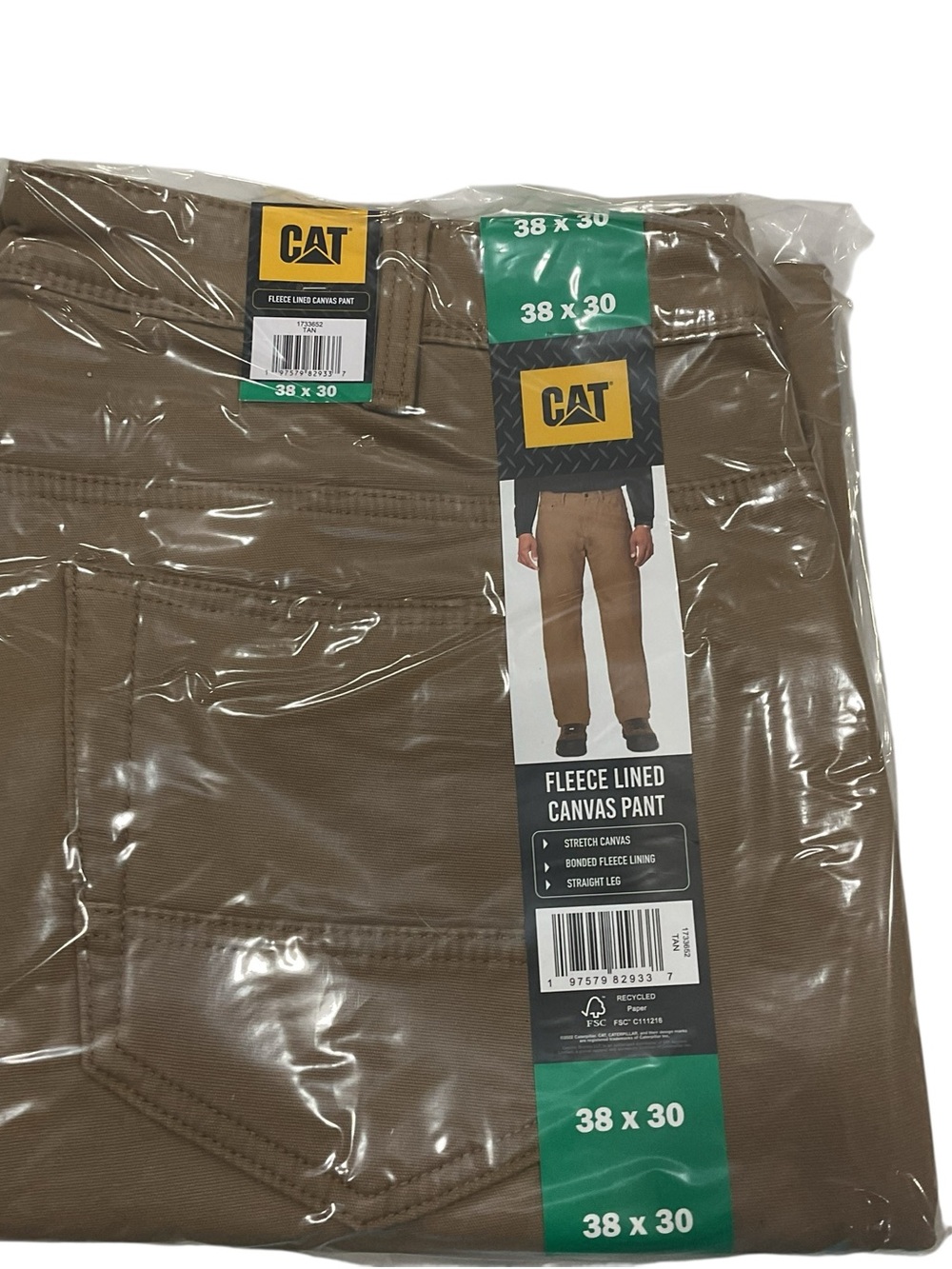 CAT Caterpillar Mens Fleece Lined Canvas Pants Tan Straight Leg 38x30